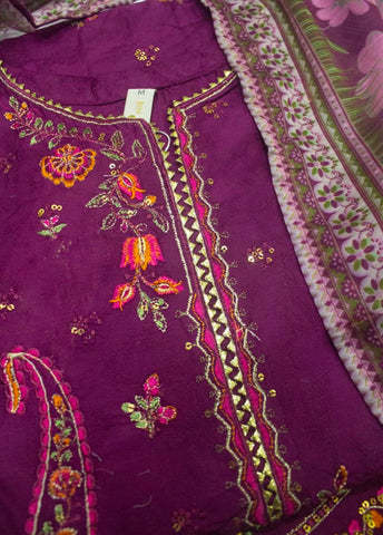 3 Piece Plum Color Embroidered Jacquard Lawn Shirt with Trouser & Dupatta
