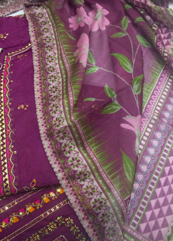 3 Piece Plum Color Embroidered Jacquard Lawn Shirt with Trouser & Dupatta