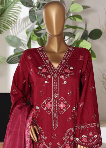 3 Piece Embroidred Stitched Red Color Lawn Shirt with Embroidered Trouser & Dupatta