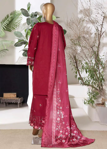 3 Piece Embroidred Stitched Red Color Lawn Shirt with Embroidered Trouser & Dupatta