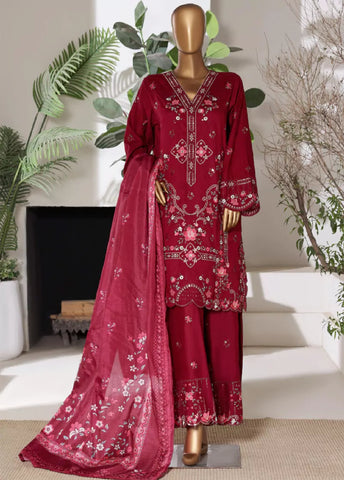 3 Piece Embroidred Stitched Red Color Lawn Shirt with Embroidered Trouser & Dupatta