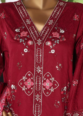 3 Piece Embroidred Stitched Red Color Lawn Shirt with Embroidered Trouser & Dupatta