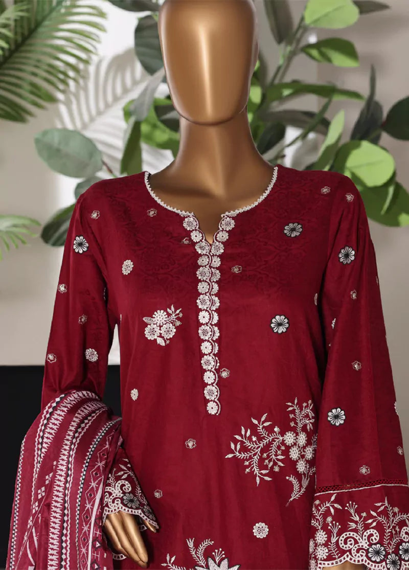3 Piece Embroidred Stitched Red Color Lawn Shirt with Embroidered Trouser & Dupatta