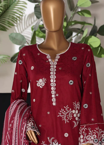 3 Piece Embroidred Stitched Red Color Lawn Shirt with Embroidered Trouser & Dupatta