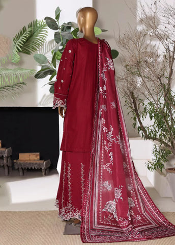 3 Piece Embroidred Stitched Red Color Lawn Shirt with Embroidered Trouser & Dupatta