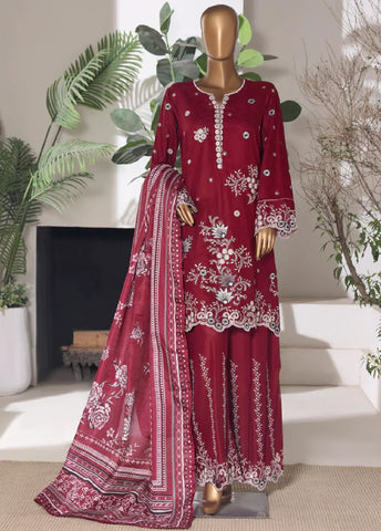 3 Piece Embroidred Stitched Red Color Lawn Shirt with Embroidered Trouser & Dupatta