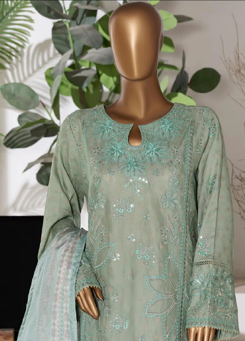 3 Piece Embroidred Stitched Mint Green Color Lawn Shirt with Embroidered Trouser & Dupatta