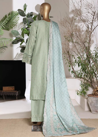 3 Piece Embroidred Stitched Mint Green Color Lawn Shirt with Embroidered Trouser & Dupata