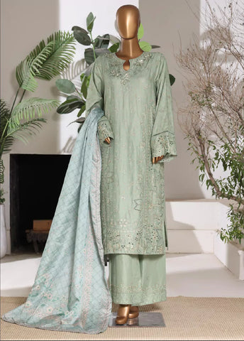 3 Piece Embroidred Stitched Mint Green Color Lawn Shirt with Embroidered Trouser & Dupata