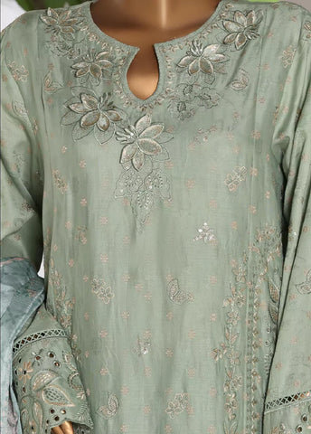 3 Piece Embroidred Stitched Mint Green Color Lawn Shirt with Embroidered Trouser & Dupata