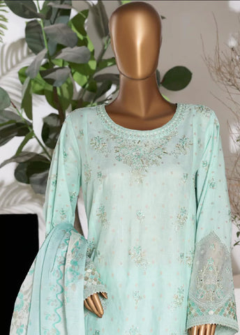 3 Piece Embroidred Stitched Mint Green Color Lawn Shirt with Embroidered Trouser & Dupata