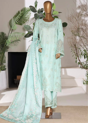 3 Piece Embroidred Stitched Mint Green Color Lawn Shirt with Embroidered Trouser & Dupata