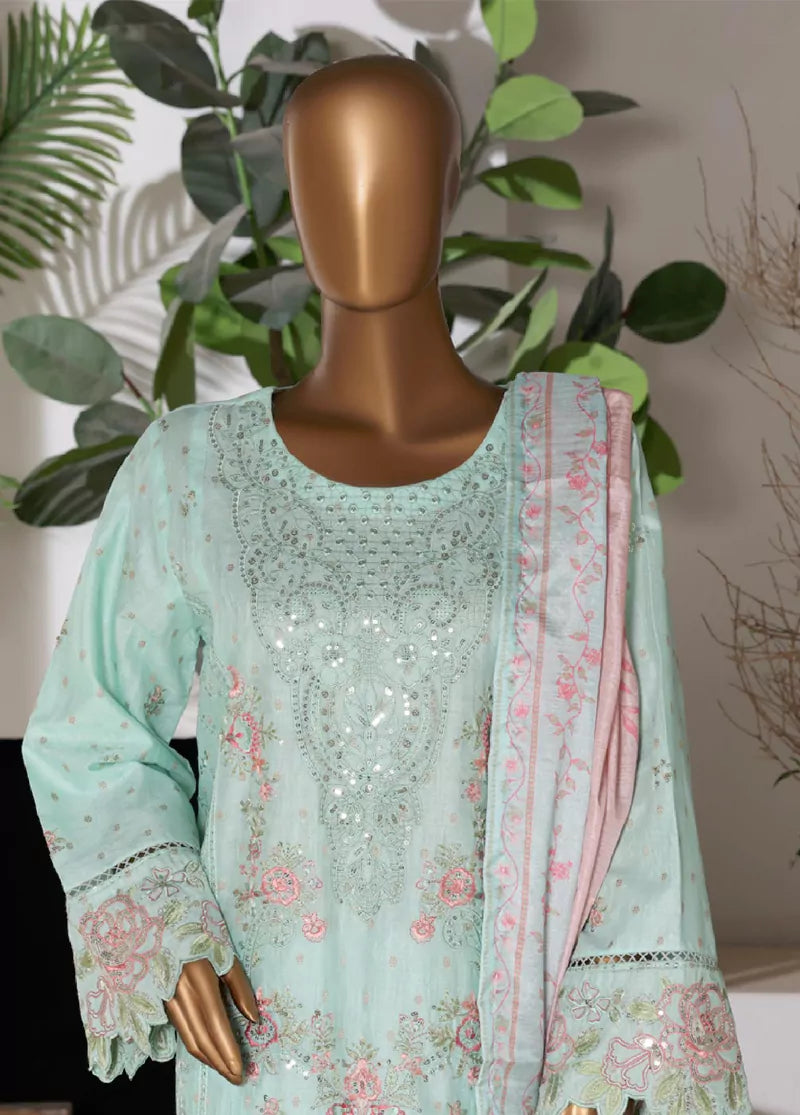 3 Piece Embroidred Stitched Mint Green Color Lawn Shirt with Embroidered Trouser & Dupatta