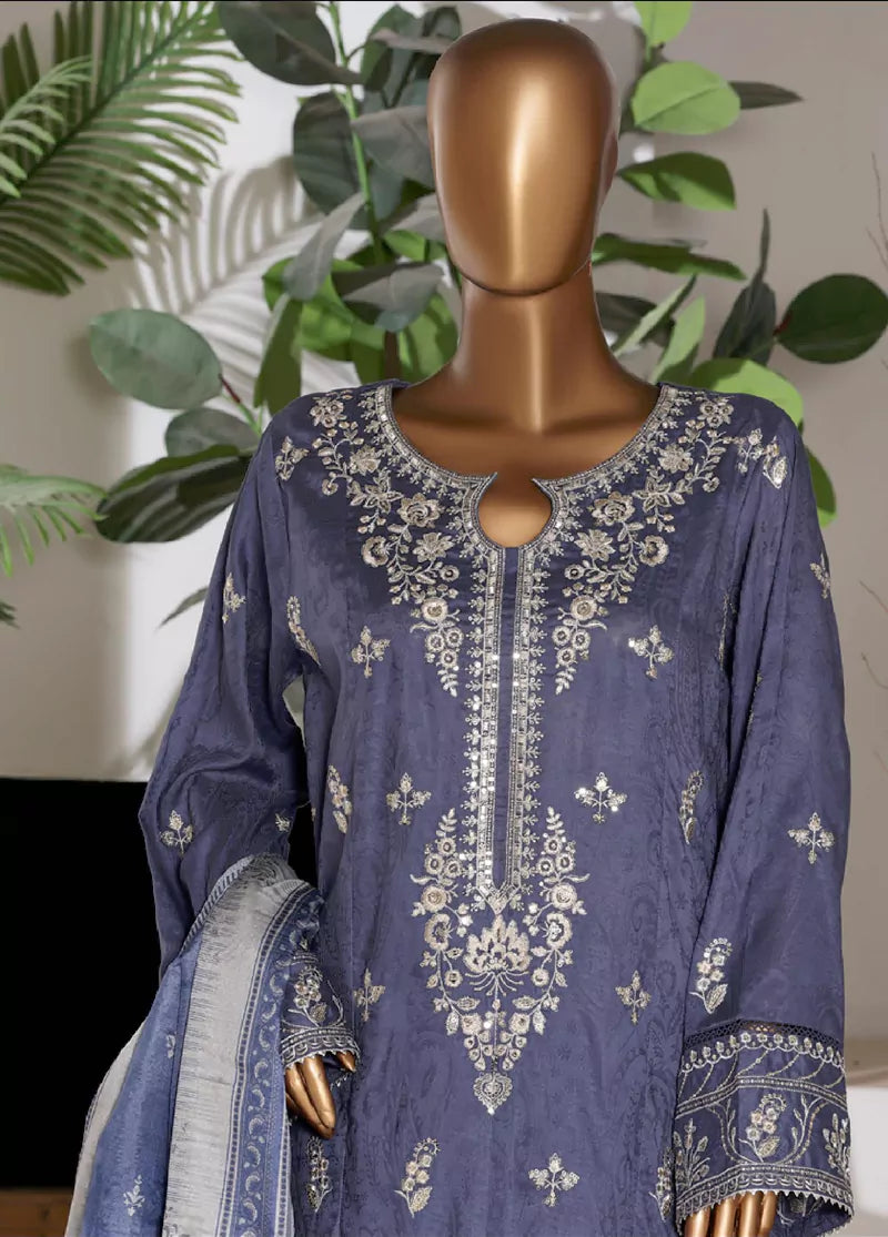 3 Piece Embroidred Stitched Purple Color Lawn Shirt with Embroidered Trouser & Dupata