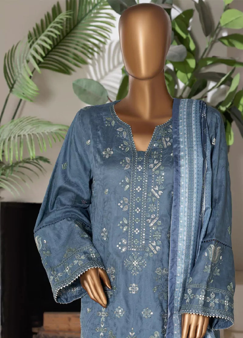 3 Piece Embroidred Stitched Stone Blue Color Lawn Shirt with Embroidered Trouser & Dupatta