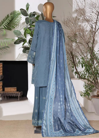 3 Piece Embroidred Stitched Stone Blue Color Lawn Shirt with Embroidered Trouser & Dupatta