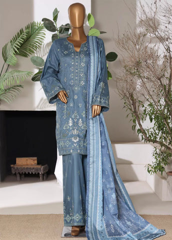 3 Piece Embroidred Stitched Stone Blue Color Lawn Shirt with Embroidered Trouser & Dupatta
