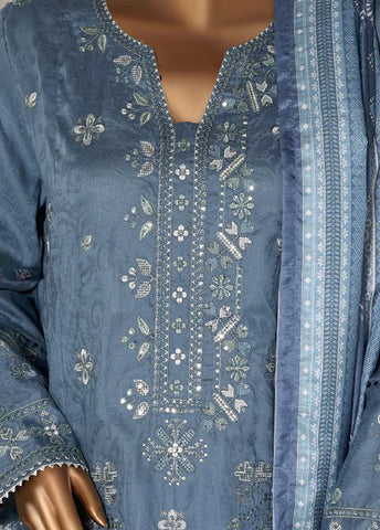 3 Piece Embroidred Stitched Stone Blue Color Lawn Shirt with Embroidered Trouser & Dupatta