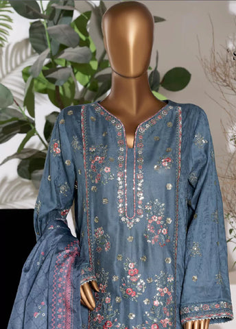 3 Piece Embroidred Stitched Steel Blue Color Lawn Shirt with Embroidered Trouser & Dupatta