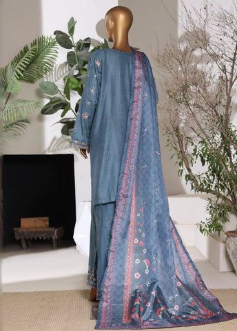 3 Piece Embroidred Stitched Steel Blue Color Lawn Shirt with Embroidered Trouser & Dupatta