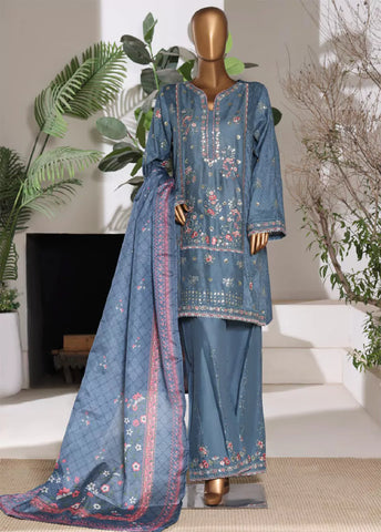 3 Piece Embroidred Stitched Steel Blue Color Lawn Shirt with Embroidered Trouser & Dupatta