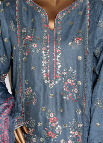 3 Piece Embroidred Stitched Steel Blue Color Lawn Shirt with Embroidered Trouser & Dupatta
