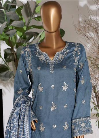 3 Piece Embroidred Stitched Stone Blue Color Lawn Shirt with Embroidered Trouser & Dupata
