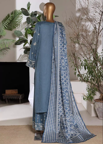 3 Piece Embroidred Stitched Stone Blue Color Lawn Shirt with Embroidered Trouser & Dupata
