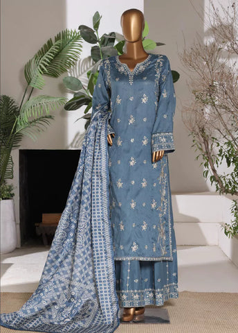 3 Piece Embroidred Stitched Stone Blue Color Lawn Shirt with Embroidered Trouser & Dupata
