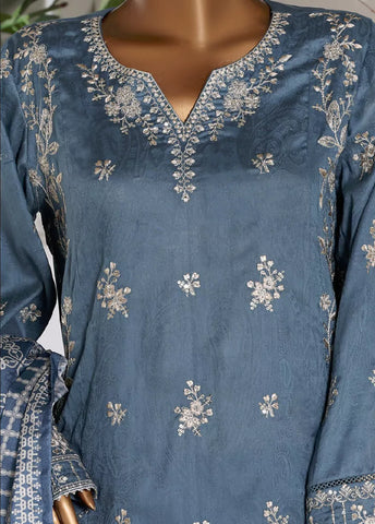 3 Piece Embroidred Stitched Stone Blue Color Lawn Shirt with Embroidered Trouser & Dupata