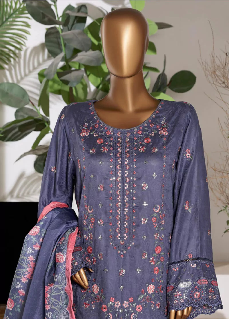 3 Piece Embroidred Stitched Indigo Color Lawn Shirt with Embroidered Trouser & Dupata