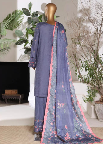 3 Piece Embroidred Stitched Indigo Color Lawn Shirt with Embroidered Trouser & Dupata