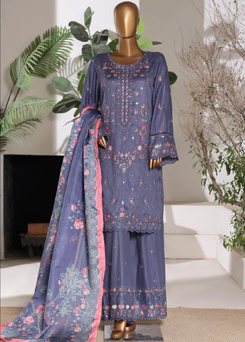 3 Piece Embroidred Stitched Indigo Color Lawn Shirt with Embroidered Trouser & Dupata