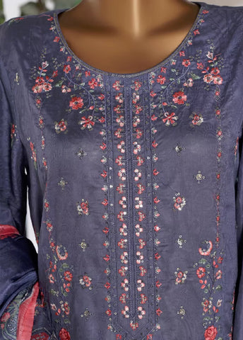 3 Piece Embroidred Stitched Indigo Color Lawn Shirt with Embroidered Trouser & Dupata
