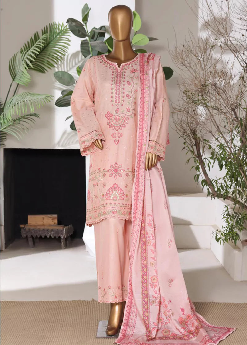 3 Piece Embroidred Stitched Rose Pink Color Lawn Shirt with Embroidered Trouser & Dupata