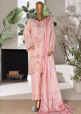 3 Piece Embroidred Stitched Rose Pink Color Lawn Shirt with Embroidered Trouser & Dupata