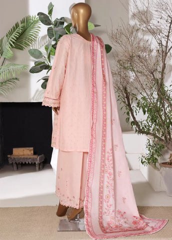 3 Piece Embroidred Stitched Rose Pink Color Lawn Shirt with Embroidered Trouser & Dupata