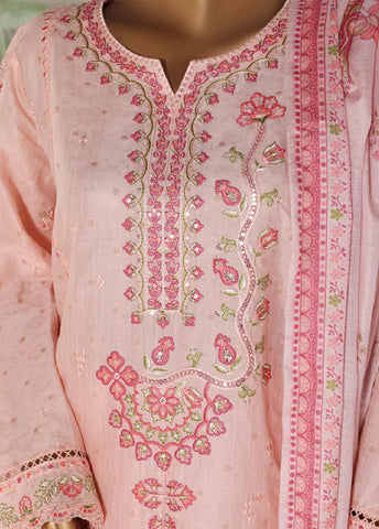 3 Piece Embroidred Stitched Rose Pink Color Lawn Shirt with Embroidered Trouser & Dupata
