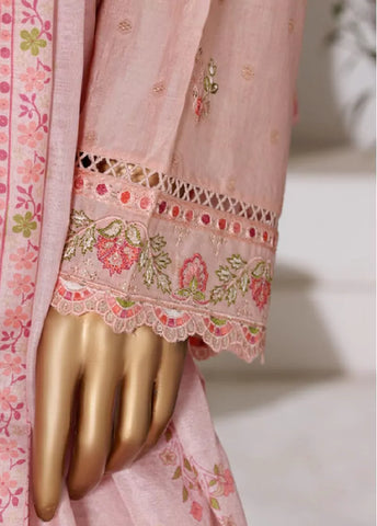 3 Piece Embroidred Stitched Rose Pink Color Lawn Shirt with Embroidered Trouser & Dupata