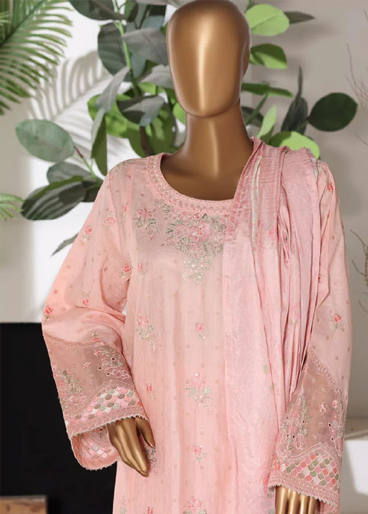 3 Piece Embroidred Stitched Powder Pink Color Lawn Shirt with Embroidered Trouser & Dupata
