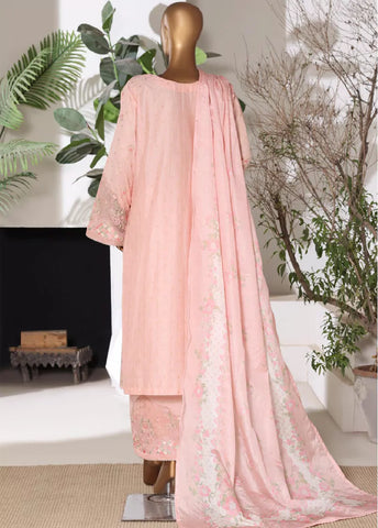 3 Piece Embroidred Stitched Powder Pink Color Lawn Shirt with Embroidered Trouser & Dupata