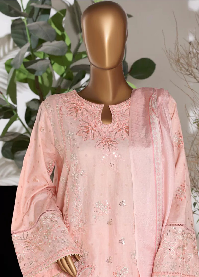 3 Piece Embroidred Stitched Pastel Pink Color Lawn Shirt with Embroidered Trouser & Dupatta