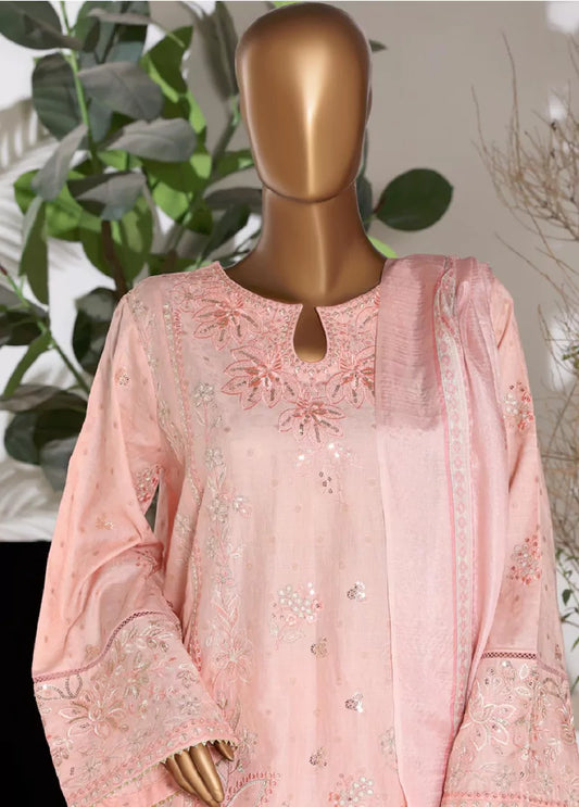 3 Piece Embroidred Stitched Pastel Pink Color Lawn Shirt with Embroidered Trouser & Dupatta