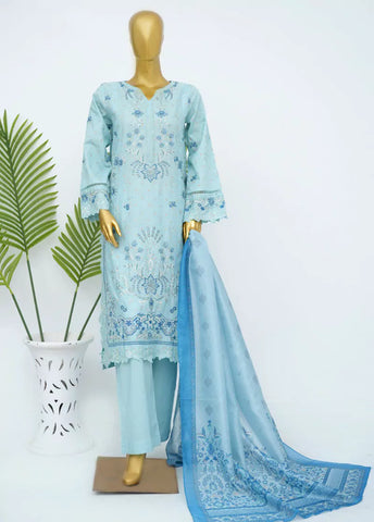 3 Piece Embroidred Stitched Pastel Blue Color Lawn Shirt with Trouser & Dupata