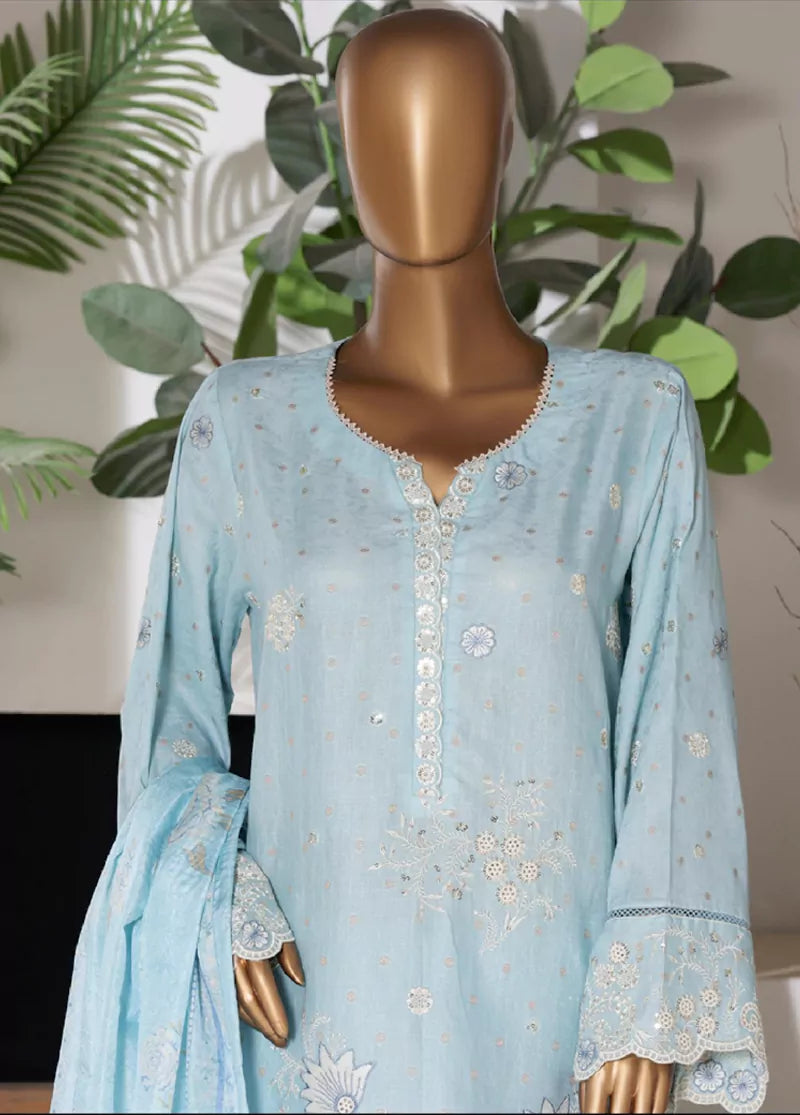 3 Piece Embroidred Stitched Pastel Blue Color Lawn Shirt with Embroidered Trouser & Dupatta