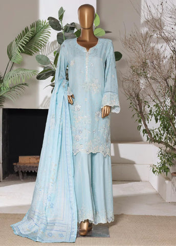 3 Piece Embroidred Stitched Pastel Blue Color Lawn Shirt with Embroidered Trouser & Dupatta