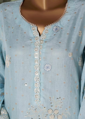 3 Piece Embroidred Stitched Pastel Blue Color Lawn Shirt with Embroidered Trouser & Dupatta