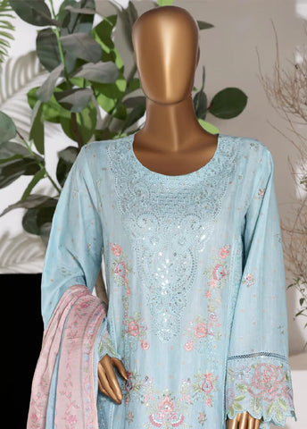 3 Piece Embroidred Stitched Pastel Blue Color Lawn Shirt with Embroidered Trouser & Dupata