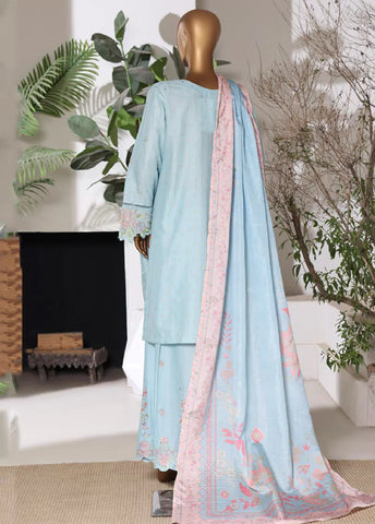 3 Piece Embroidred Stitched Pastel Blue Color Lawn Shirt with Embroidered Trouser & Dupata