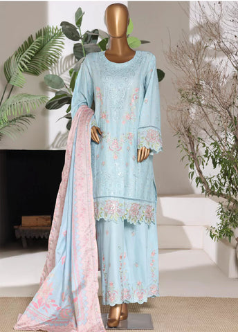 3 Piece Embroidred Stitched Pastel Blue Color Lawn Shirt with Embroidered Trouser & Dupata